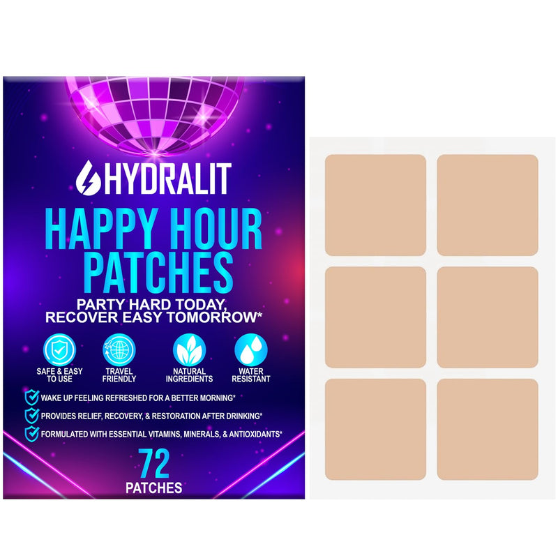 Hydralit Happy Hour Hangover Patches Party Aid Hydration Drinking Relief Alcohol Recovery Patch Long-Lasting Natural Formula Better Mornings After Night Out Wake Up Refreshed Pregame 72 Pack